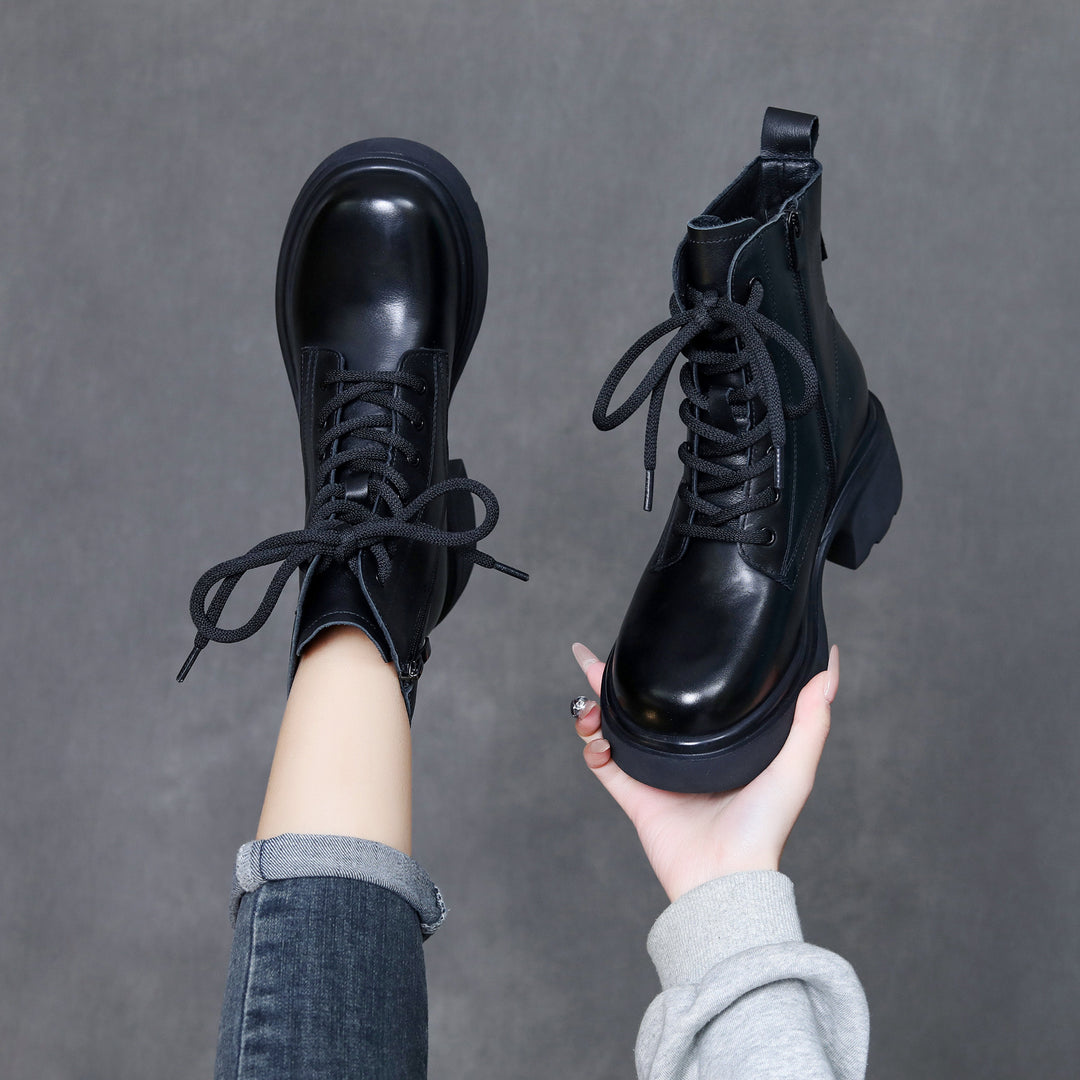 Women's Top-Grain Leather Ankle Boots Chunky Platform Block Heel Combat Booties