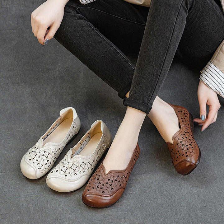 Women's Soft Leather Loafers - Hollow Out V-Neck Geometric Perforated Flats Round Toe Comfort Walking Shoes