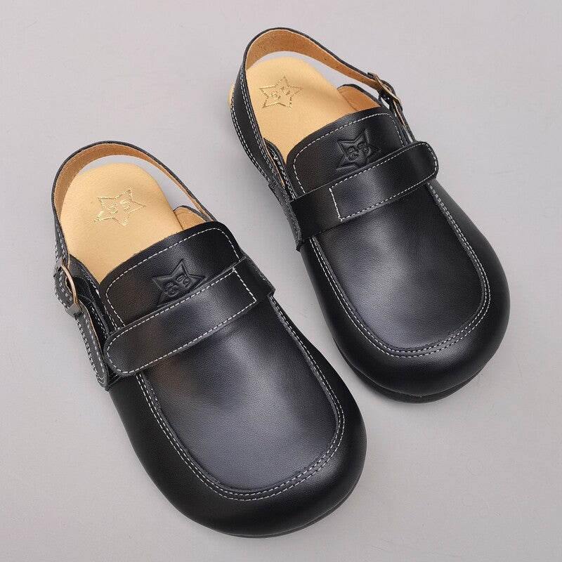 Women's Leather Sandals - Vintage Contrast Stitching Flexible Slip-On Mule Slides with Slingback Strap