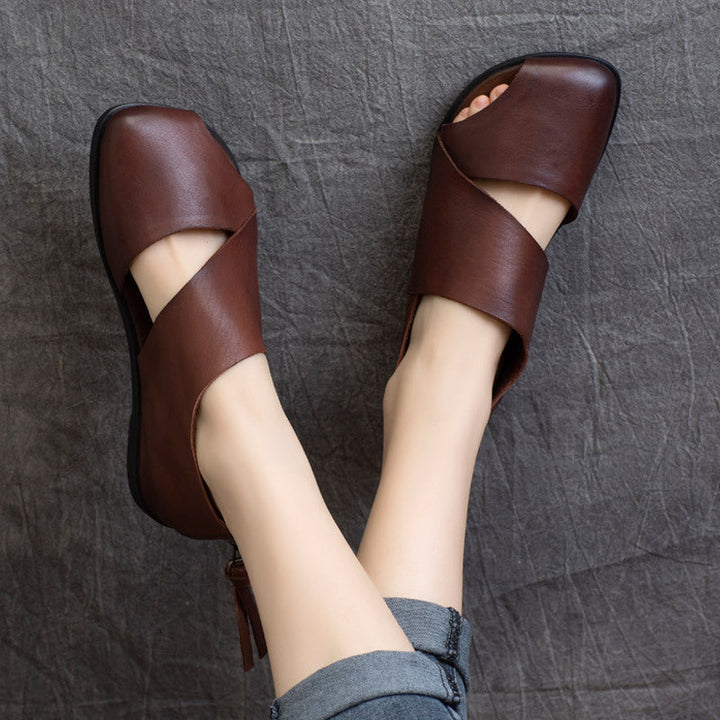 Women's  Leather Summer Cut-Out Sandals - Unlined Breathable Back Zipper Closure
