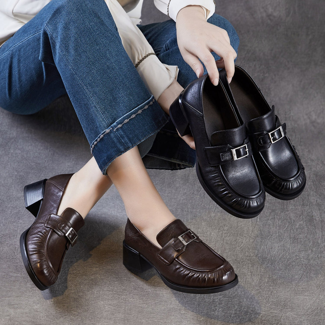 Women’s Sheepskin Leather Loafers – British Style Block Heel Mid Heel Shoes