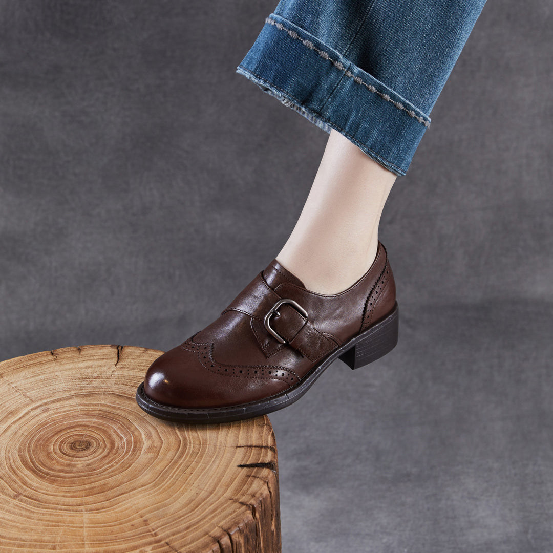 Women's Retro Leather Monk Strap Shoes Vintage Round Toe Brogue Chunky Heels