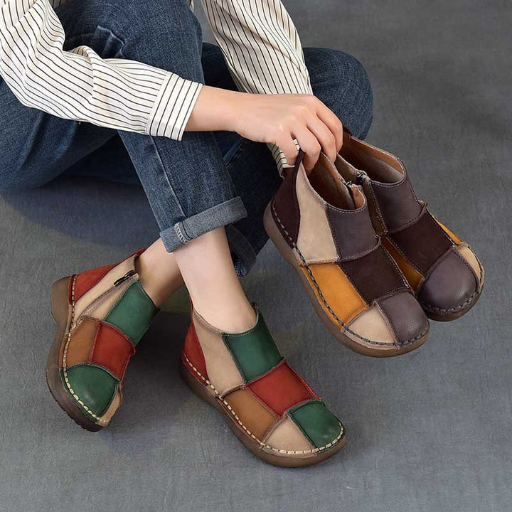 Women's Vintage Patchwork Leather Ankle Boots Hand-Stitched Flat Booties Zipper