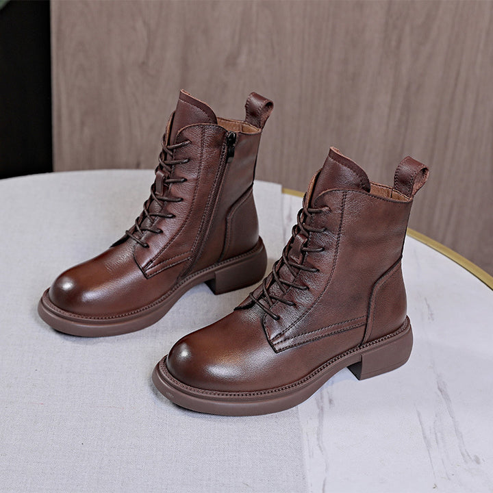Women's Top-Grain Leather Ankle Boots Lace Up Side Zipper Flat Combat Booties
