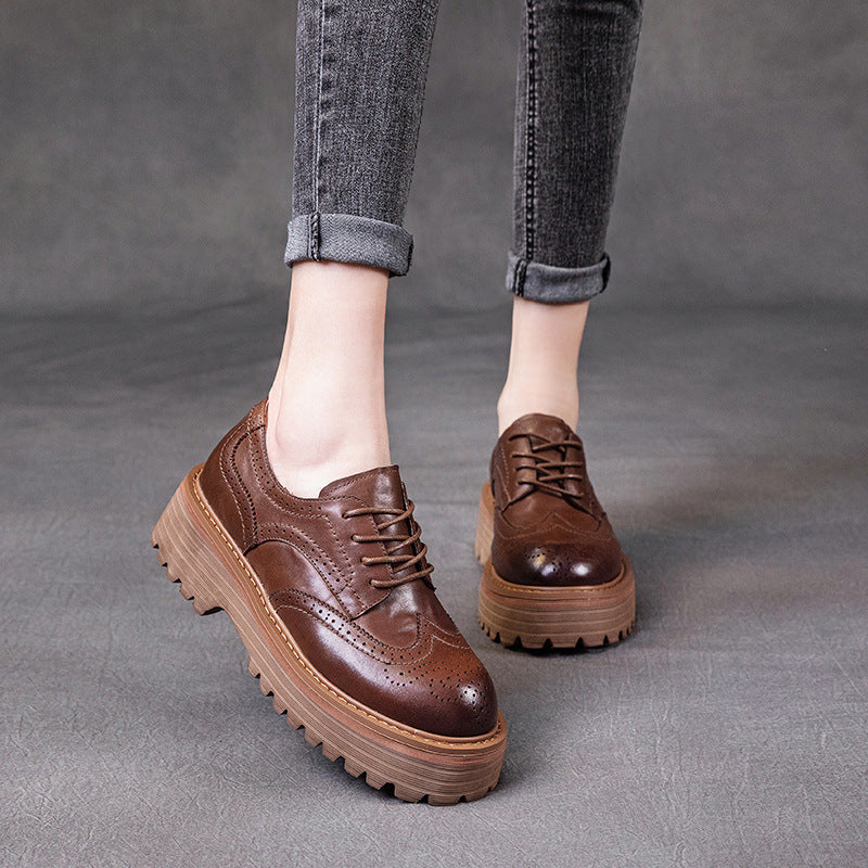 Women's British Style Brogue Oxfords - Genuine Leather with Chunky Sole