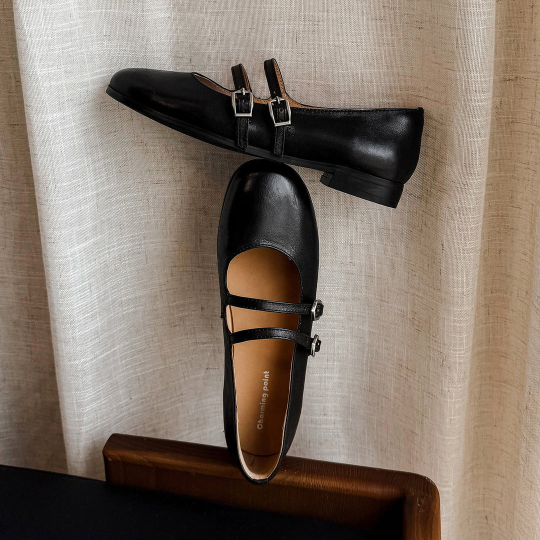 Women's Vintage French Style Leather Ballet Flats - Handcrafted Double Strap Mary Janes