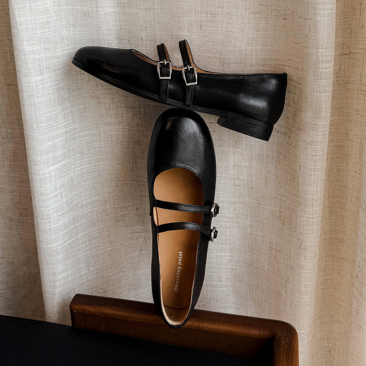 Women's Vintage French Style Leather Ballet Flats - Handcrafted Double Strap Mary Janes