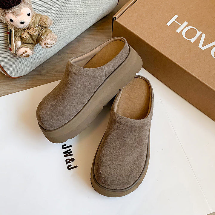 Round Toe Flat Mules – Women’s Cow Suede Comfortable Shoes