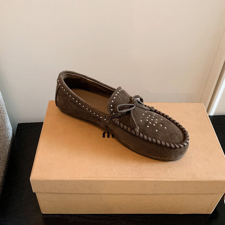 Women's Suede Moccasins - Hand-stitched Studded Loafers with Cowhide Insole