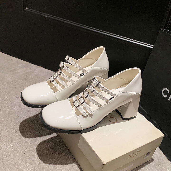 Women's Multi-Strap Mary Jane Heels - Patent Leather Pumps with Comfortable Block Heel