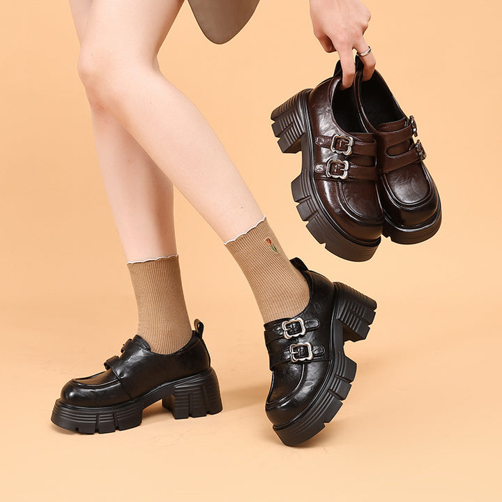 Womens Double-Strap Platform Chunky Heel Loafers