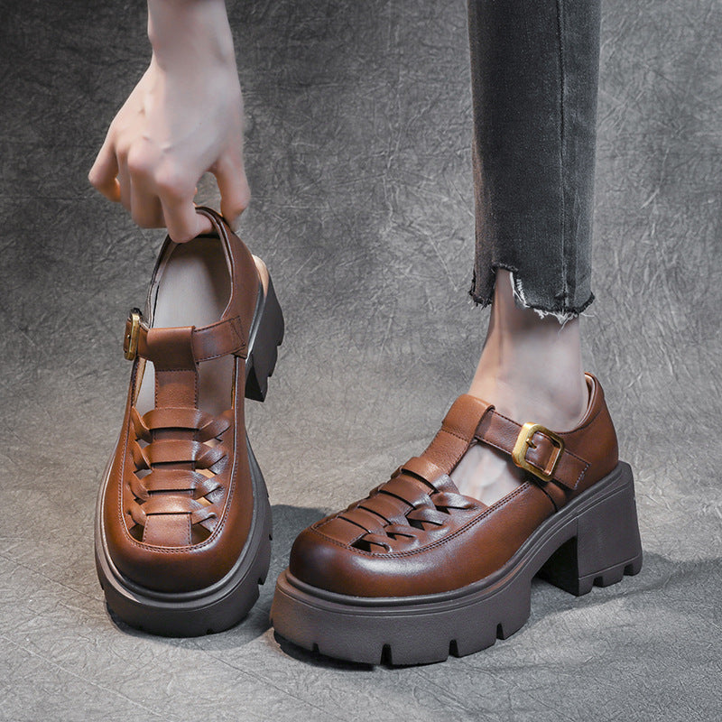 Women's Genuine Leather Fisherman Sandals - Chunky High Heel & Closed Toe Design