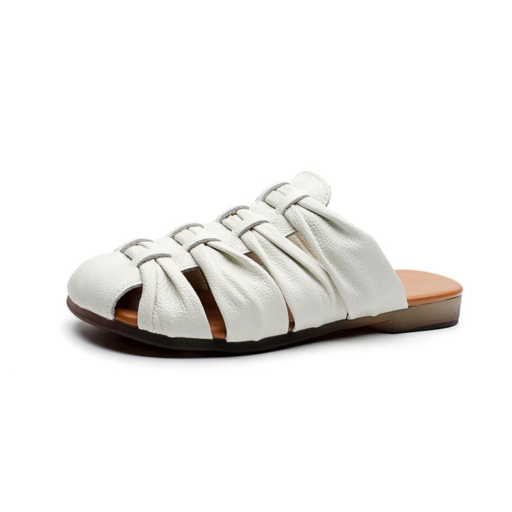 Women's Soft Leather Mules - Ruched Woven Closed Toe Flat Sandals Casual Slip-On Slide Slippers