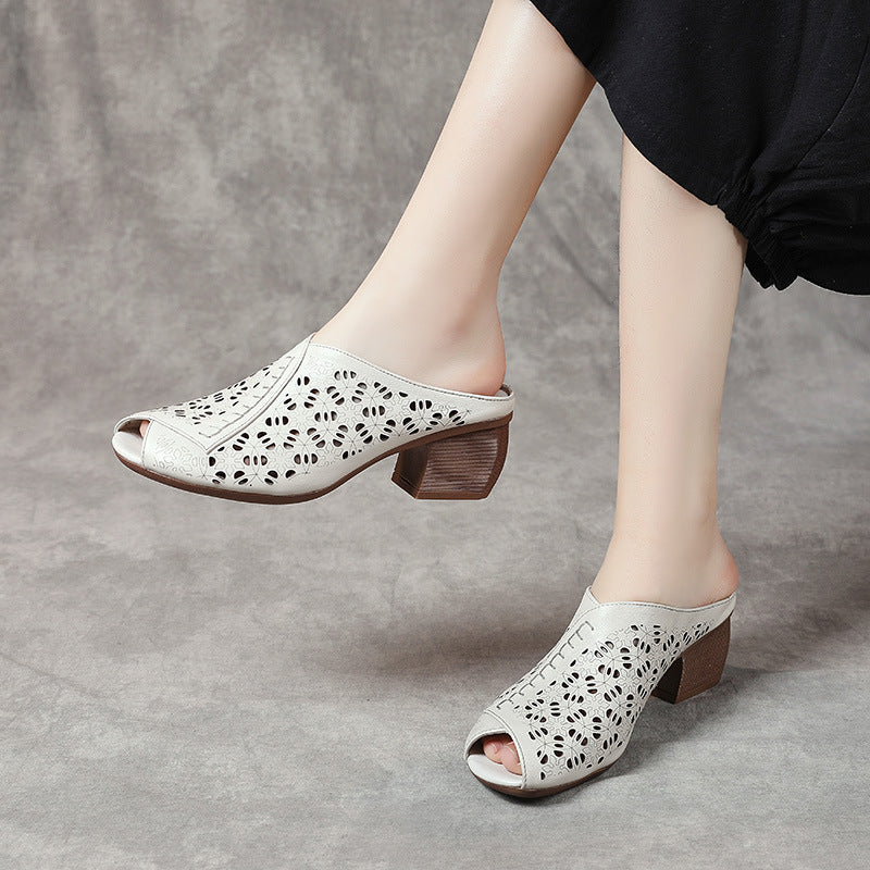 Women's Leather Mules - Hollow Out Floral Perforated Open Peep Toe Sandals Mid Block Chunky Heel Slides