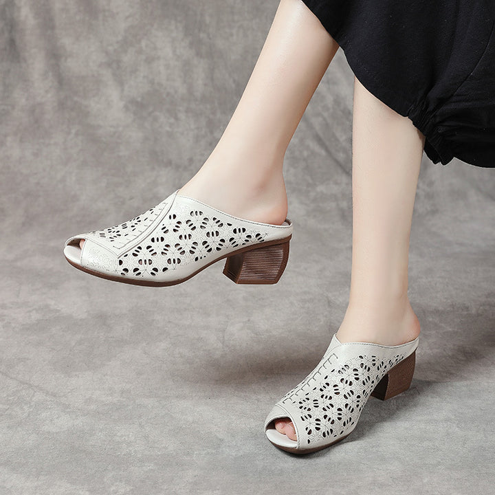Women's Leather Mules - Hollow Out Floral Perforated Open Peep Toe Sandals Mid Block Chunky Heel Slides
