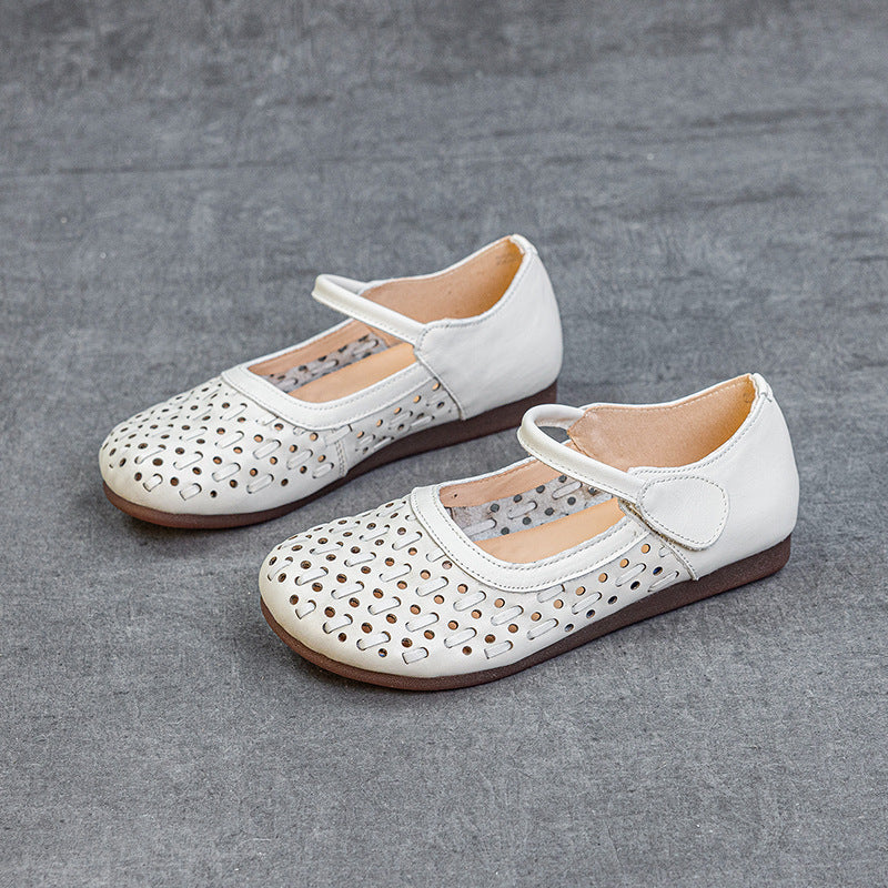 Women's Soft Leather Mary Jane Flats - Hollow Out Geometric Perforated Sandals Closed Toe Comfort Walking Shoes