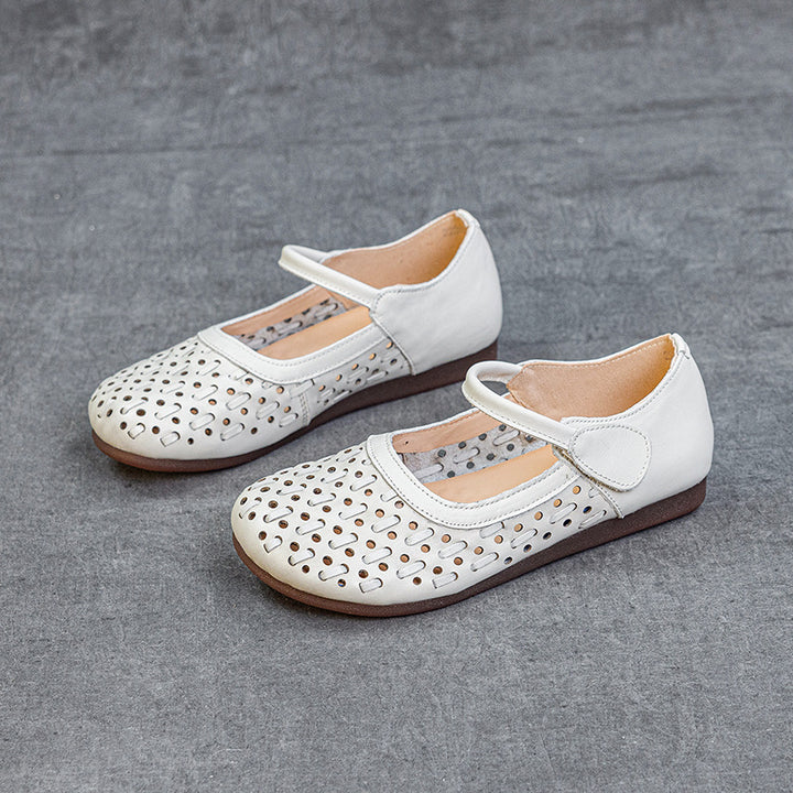 Women's Soft Leather Mary Jane Flats - Hollow Out Geometric Perforated Sandals Closed Toe Comfort Walking Shoes