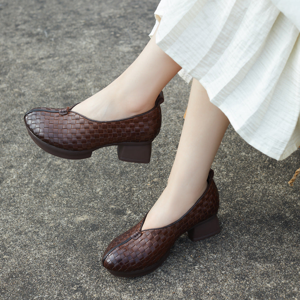 Women's Hand-Woven Loafers - Breathable Unlined Leather Shoes - Wedge Heel
