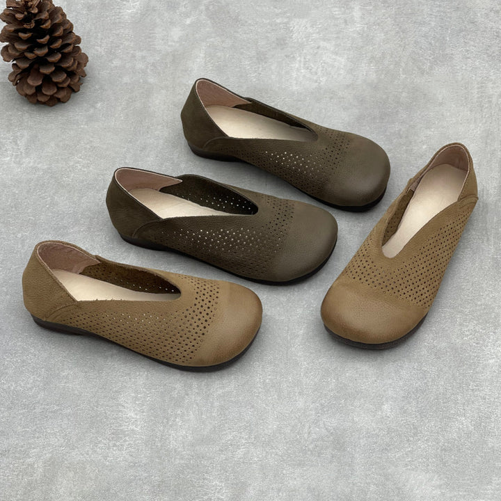 Women's Leather Perforated Loafers Retro V-Neck Slip-On Flats Ballet Flats Vintage Casual Summer Shoes