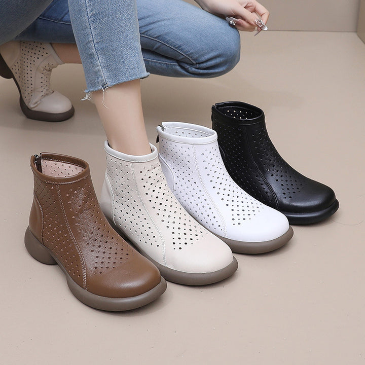 Women‘s Retro Cowhide Ankle Boots Vintage Round Toe Cutout Perforated Chunky Heels