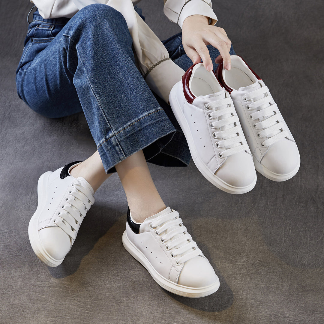 Women's Leather Casual Sneakers Spring Fall Round Toe Lace-up Platform Shoes