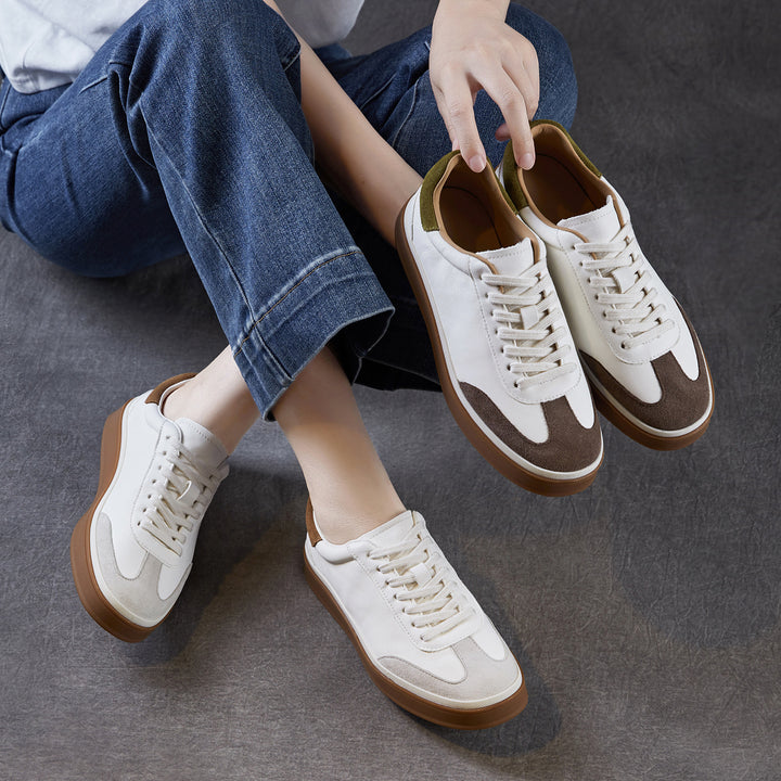 Womens Retro Cowhide Suede Patchwork Sneakers Vintage Round Toe Gum Sole Lace-up Flats