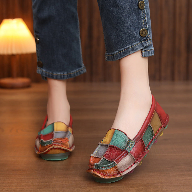 Women‘s Retro Cowhide Loafers Vintage Round Toe Patchwork Slip-on Driving Flats