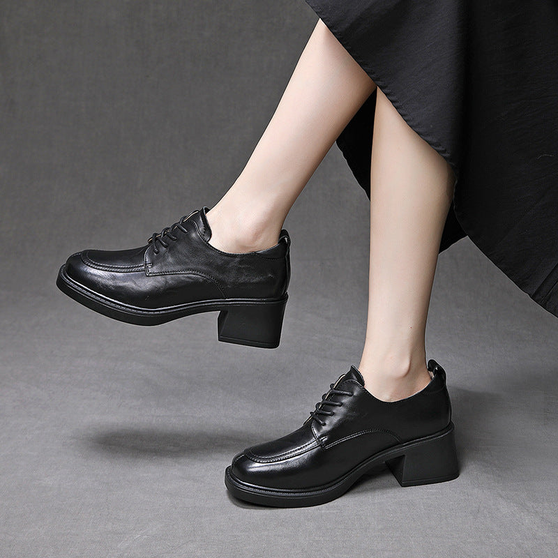 Women's Genuine Leather Oxford Shoes Chunky Mid Heel Lace Up Derby Pumps