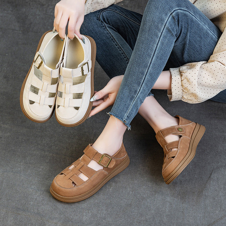 Leather Fisherman Sandals - Women's Retro Round Toe Platform Summer Flats