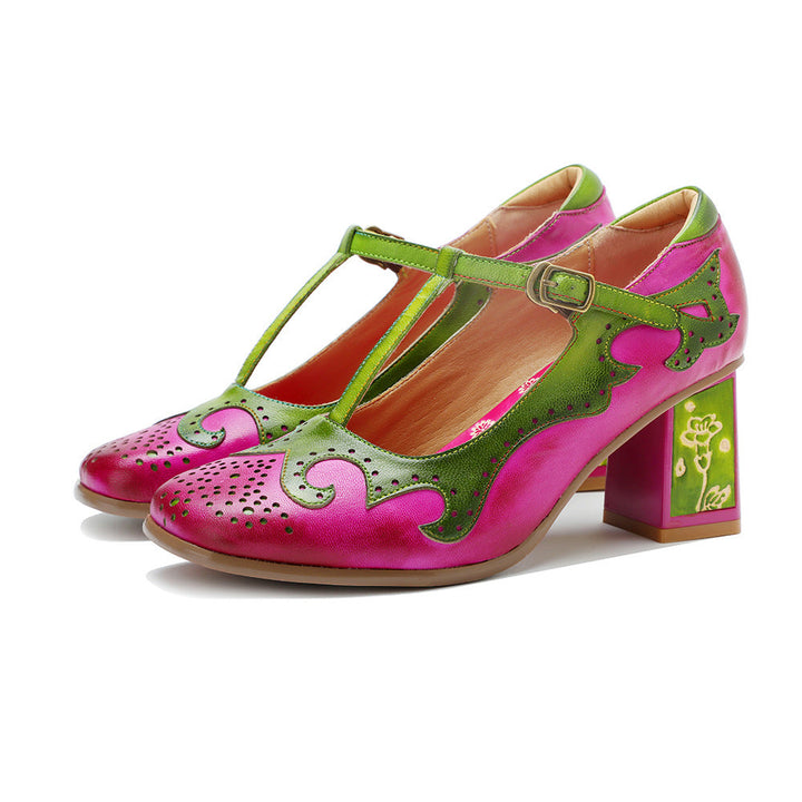 Vibrant Mary Janes for Women - Leather T-Strap Sandals with Floral Artistic Block Heel