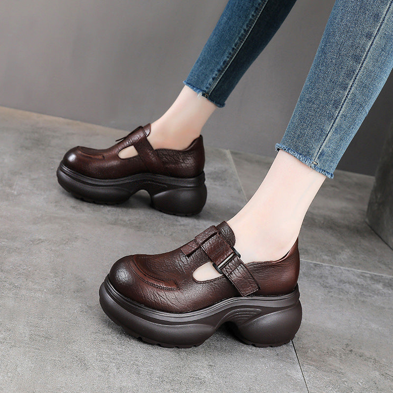 Women's Chunky Loafers - Leather Elevated Flats - Breathable Unlined Design with Velcro Strap