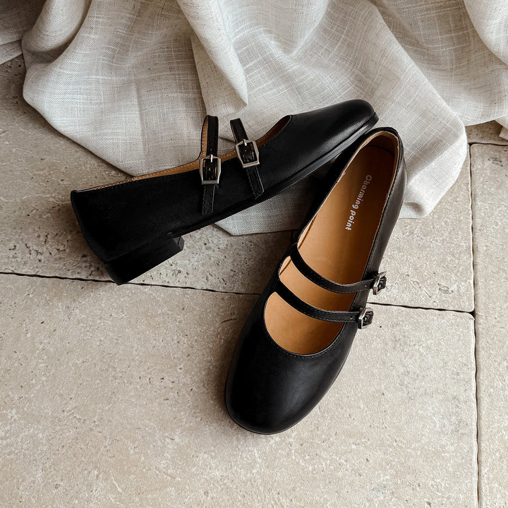 Women's Vintage French Style Leather Ballet Flats - Handcrafted Double Strap Mary Janes