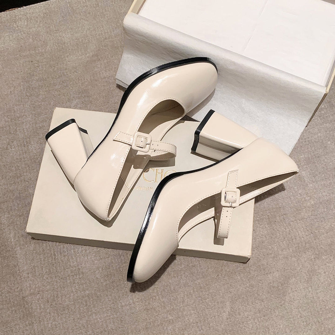 French Vintage Block Heel Mary Janes - Elegant Round Toe Leather Pumps for Office & Daily Wear