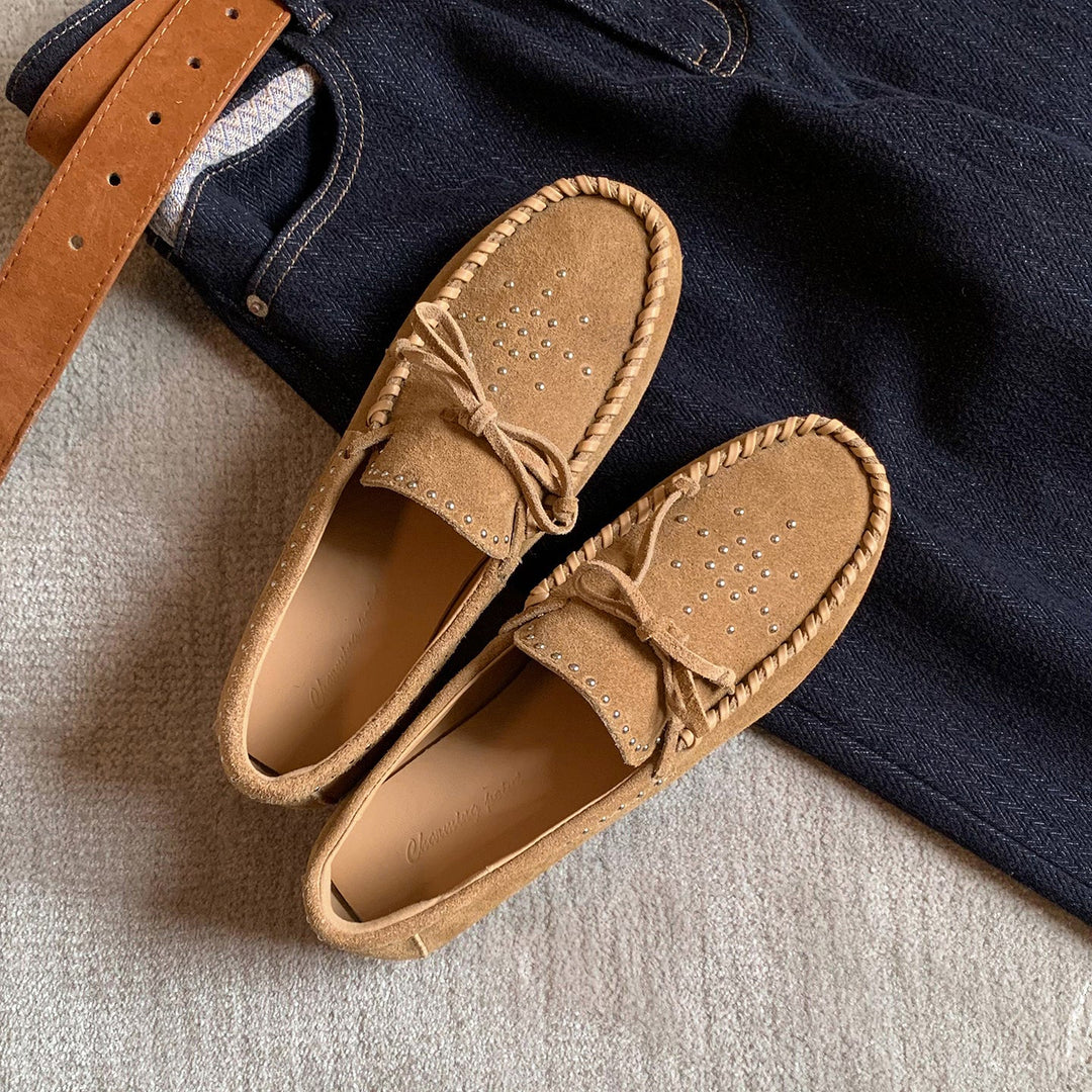 Women's Suede Moccasins - Hand-stitched Studded Loafers with Cowhide Insole