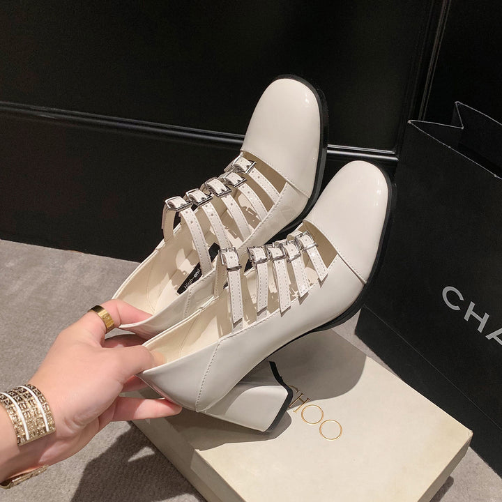 Women's Multi-Strap Mary Jane Heels - Patent Leather Pumps with Comfortable Block Heel