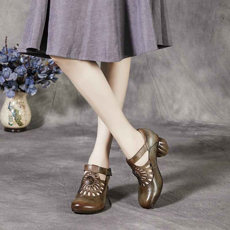 Vintage Style Women's Cut-out Leather Pumps with Sculptural Pumpkin Heel