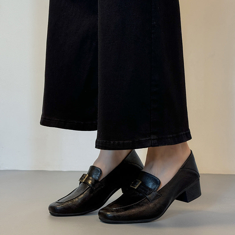 Women's Premium Leather Loafers - Square Toe Vintage Buckle Strap Chunky Heel Pumps