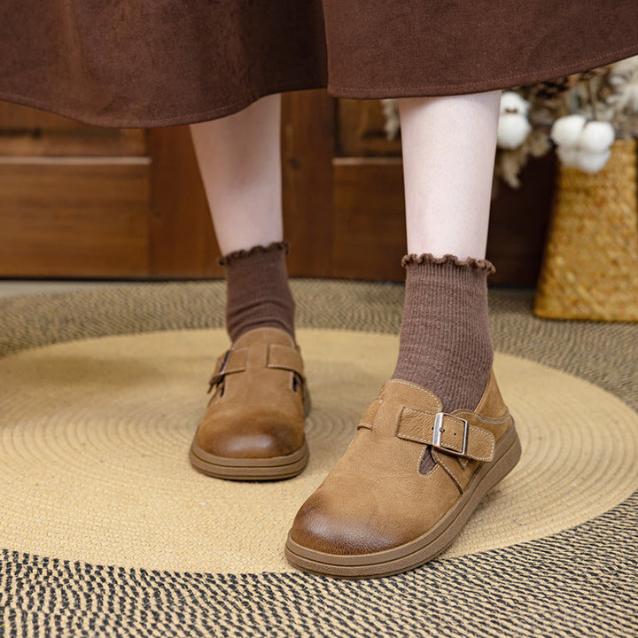 Vintage Leather Loafers - Women’s Round Toe Casual Flats with Adjustable Velcro Strap