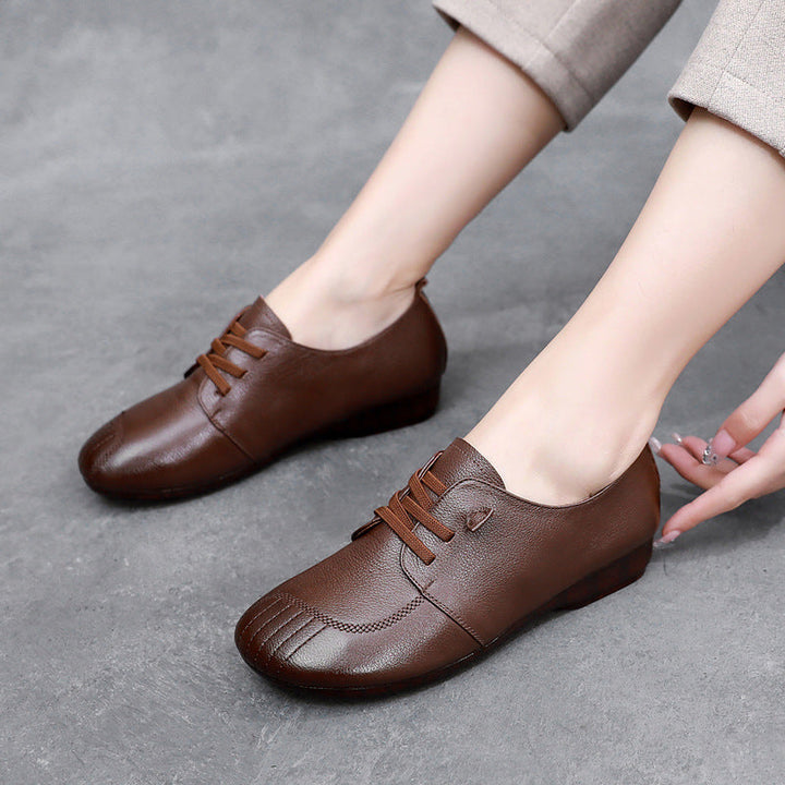 Women's Unlined Cowhide Flats - Breathable Genuine Leather Lace-up Casual Walking Shoes