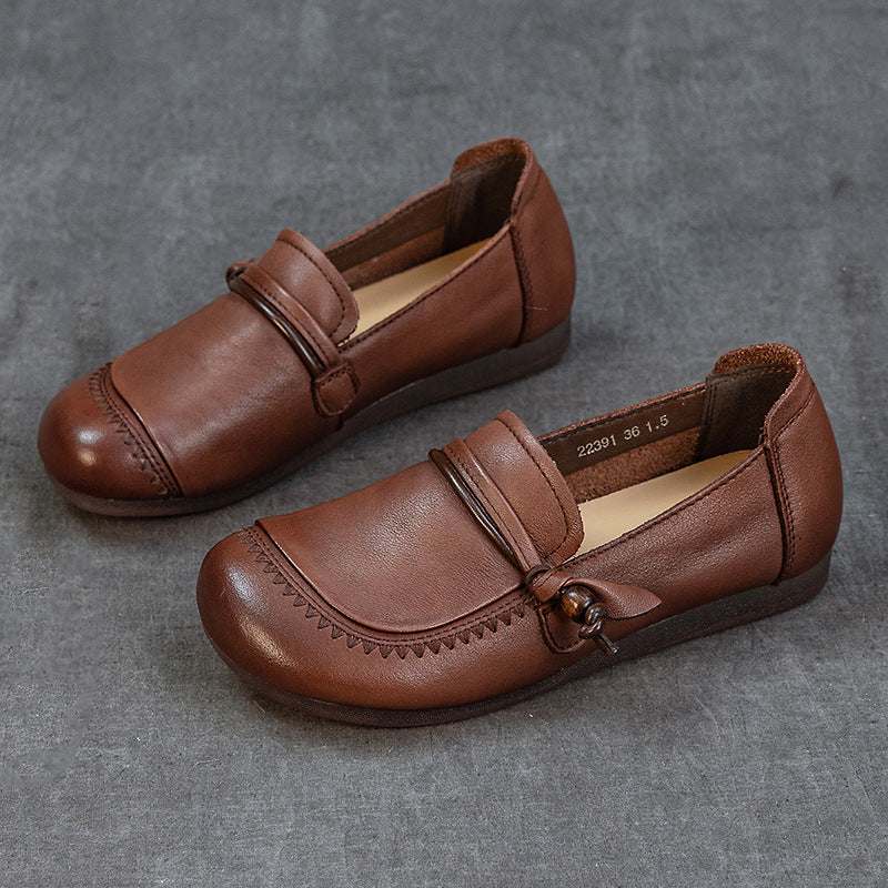 Women's Genuine Leather Knot Loafers Round Toe Slip On Flat Shoes Soft Sole