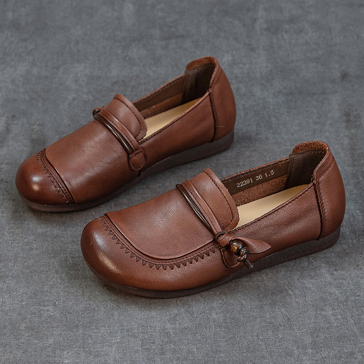 Women's Genuine Leather Knot Loafers Round Toe Slip On Flat Shoes Soft Sole