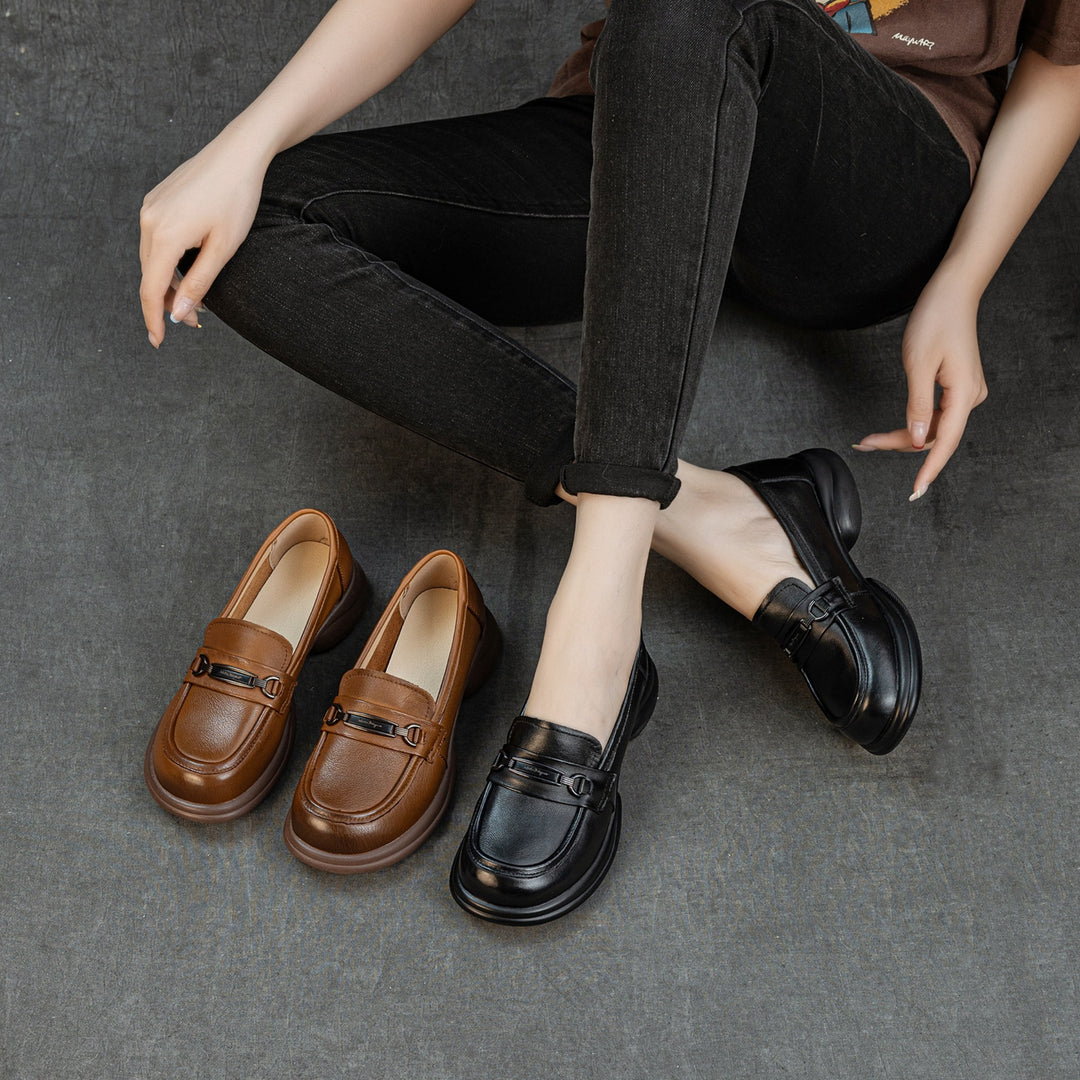 Women's Genuine Leather Loafers Round Toe Slip On Chunky Platform Shoes