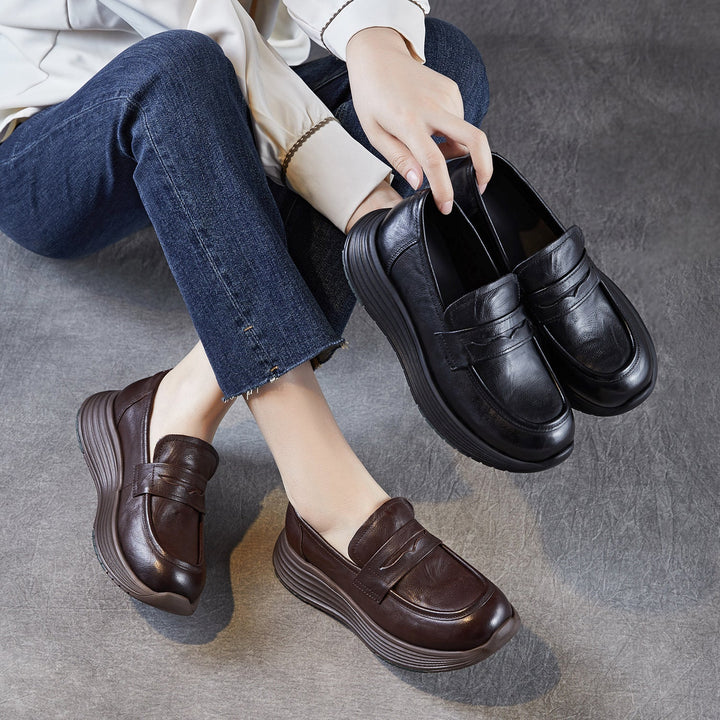 Women’s Leather Slip-On Loafers – Vintage Low Wedge Comfort Shoes