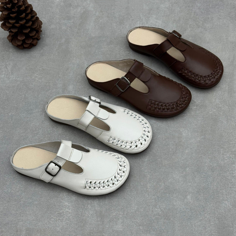 Women's T-Strap Leather Mules Retro Woven Perforated Clogs Barefoot-Friendly Casual Summer Flats
