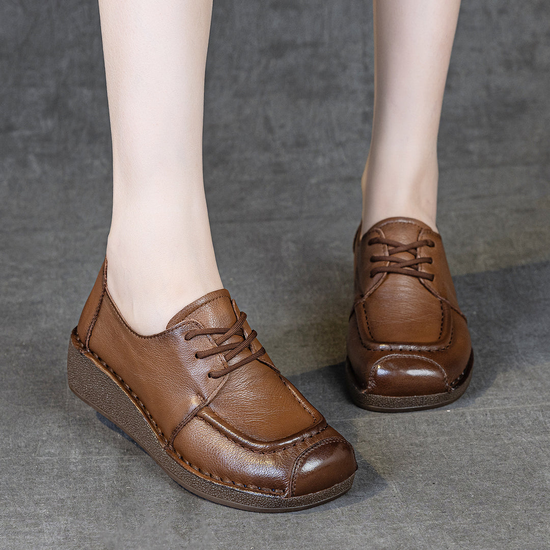 Women's Leather Square Toe Oxford Shoes Wedge Platform Lace Up Casual Loafers