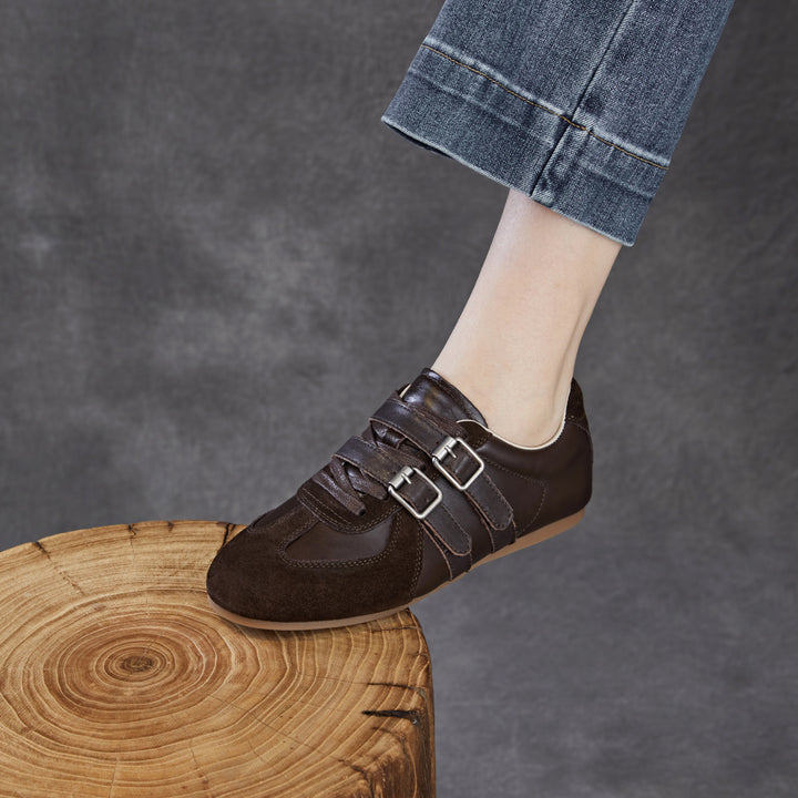 Women's Genuine Leather Double Buckle Strap Sneakers Retro Slip-on Flat Shoes