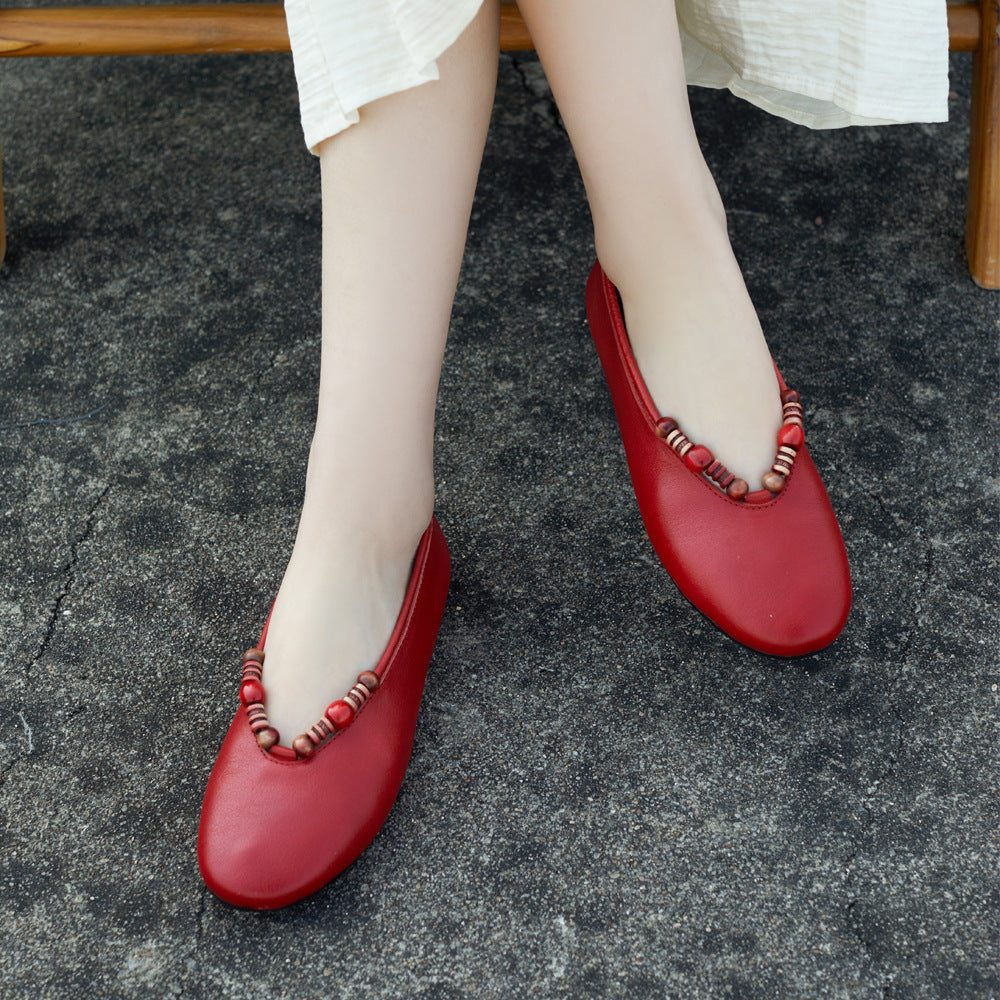 Women's Leather Ballet Flats - Vintage Beaded Loafers, Slip-on Round Toe Spring Summer Comfort Shoes