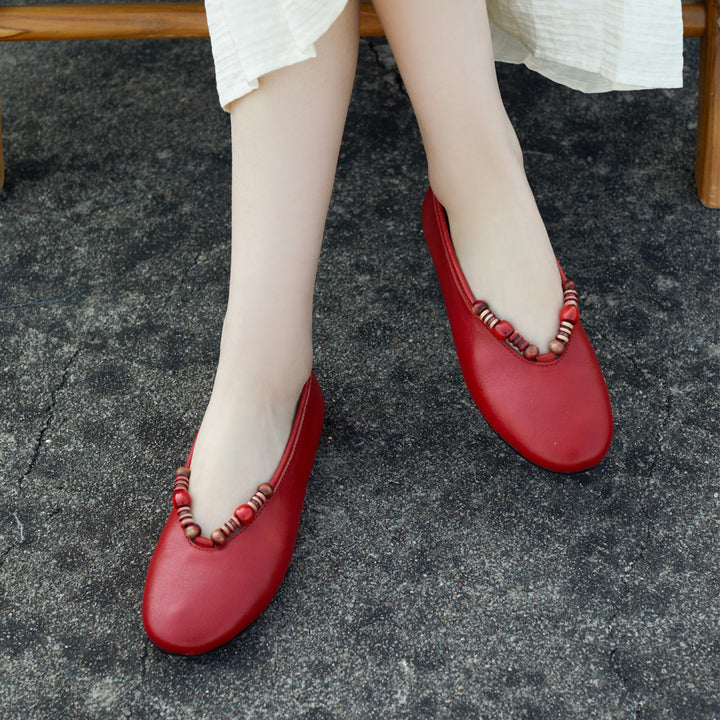 Women's Leather Ballet Flats - Vintage Beaded Loafers, Slip-on Round Toe Spring Summer Comfort Shoes