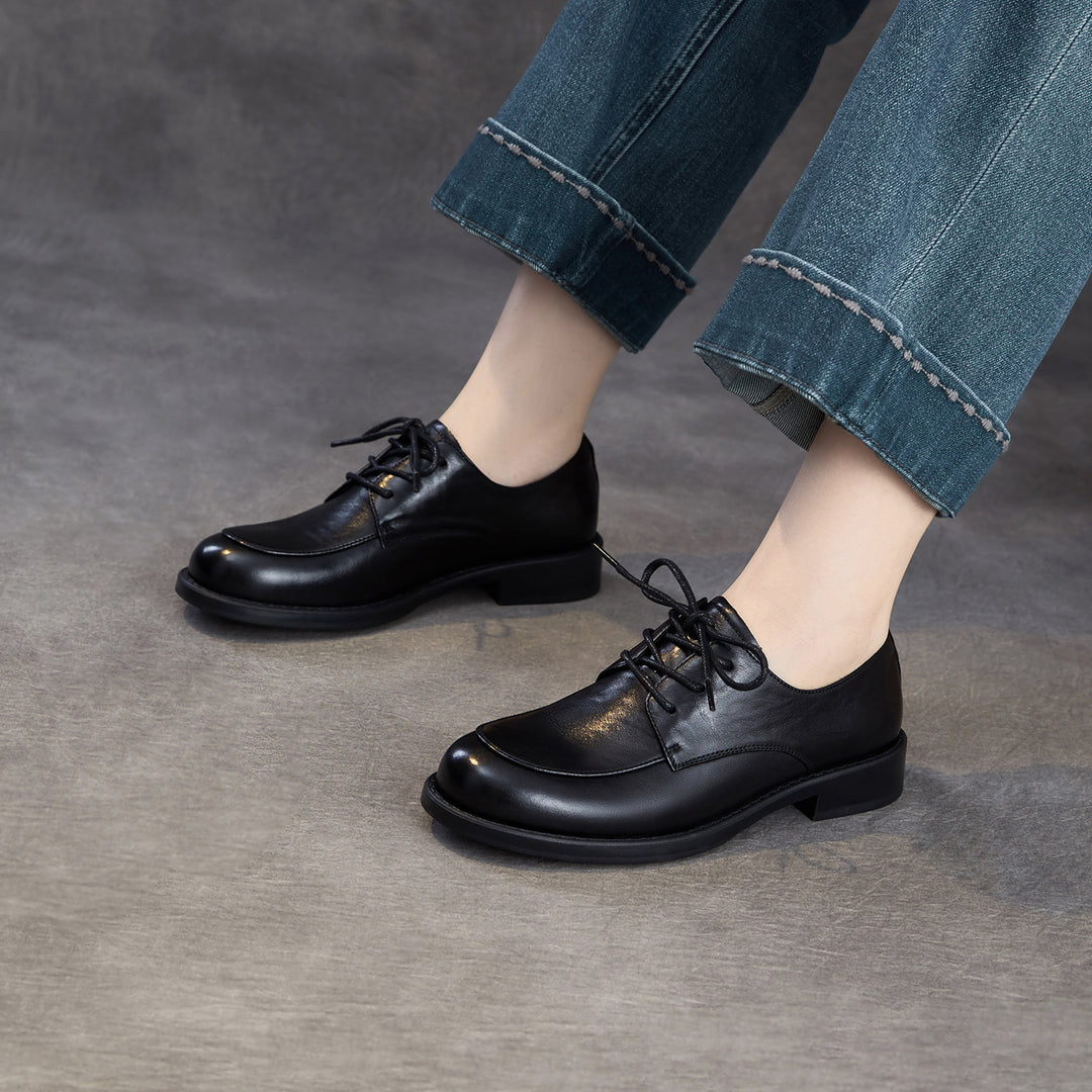 Women's Genuine Leather Oxford Shoes Retro Lace-up Round Toe Low Heel Derby Flats
