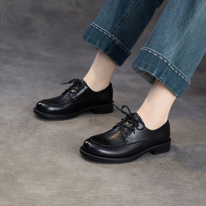 Women's Genuine Leather Oxford Shoes Retro Lace-up Round Toe Low Heel Derby Flats